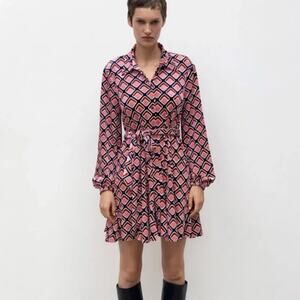 Zara Velvet Geo Print Belted Shirt Dress | Mauve Burgundy Swing Dress – Size XL